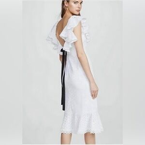 Saloni Ella White Eyelet Ruffle Midi Dress Open Back Bow Size 0